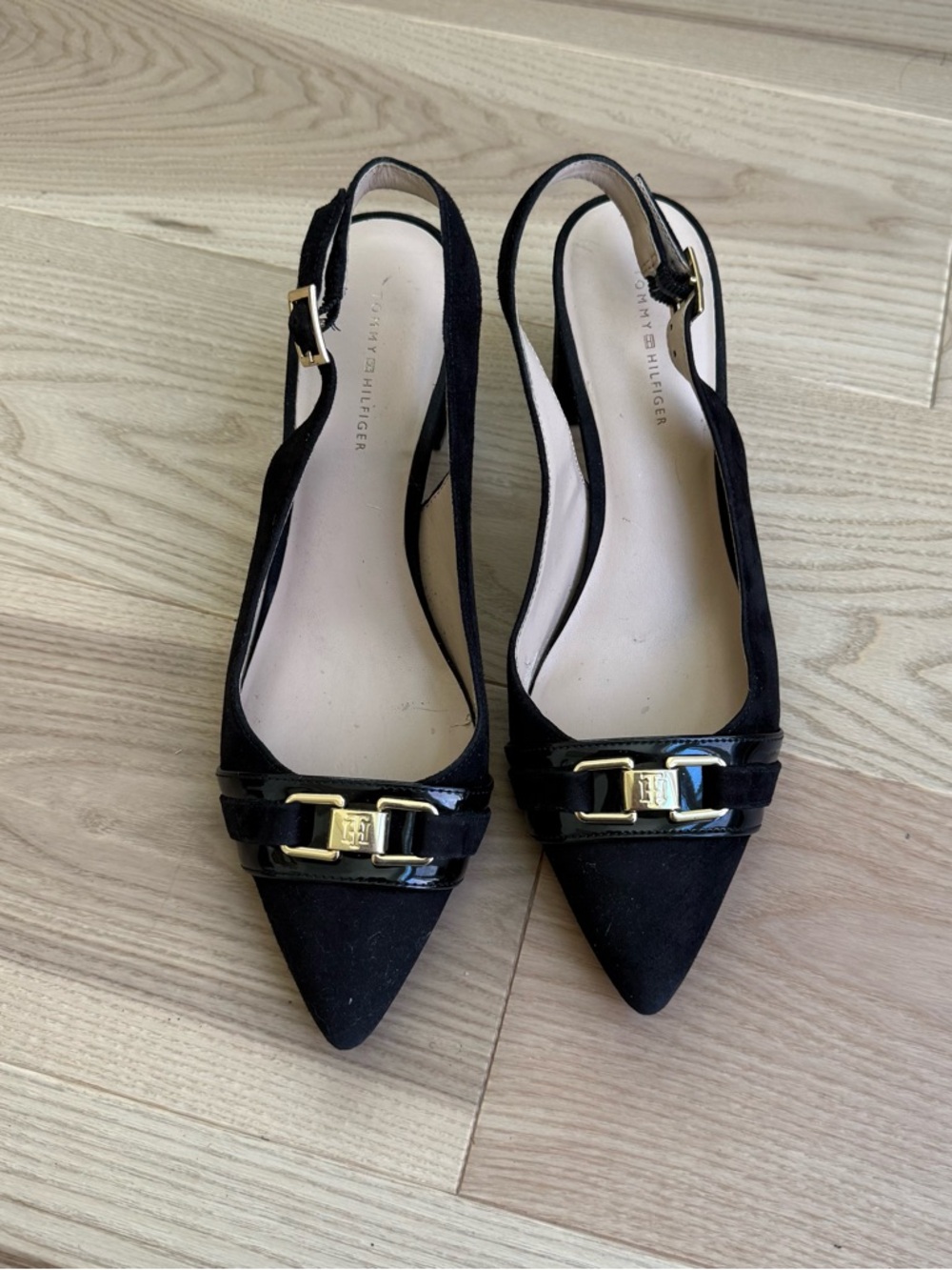 Tommy Hilfiger Black Pointed Slingback Flats with Gold Buckle
